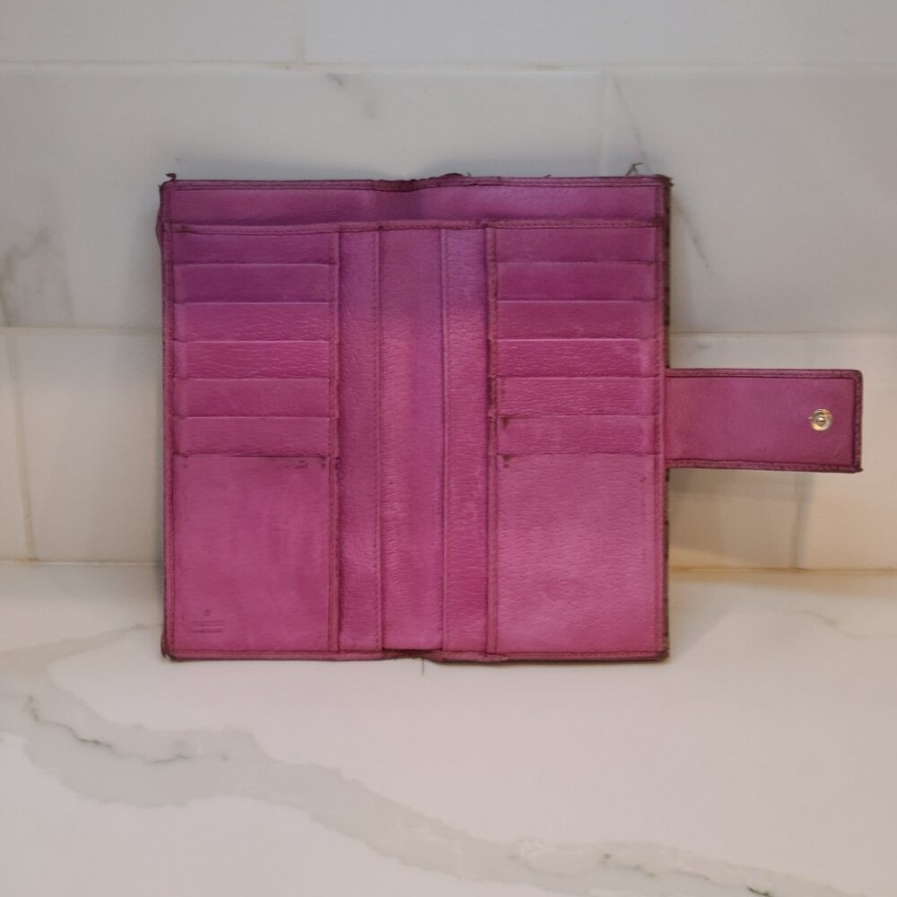 Vintage Gucci Abbey GG Horsebit Monogram Long Wallet Fuchsia Leather Trim Fair - Picture 10 of 15